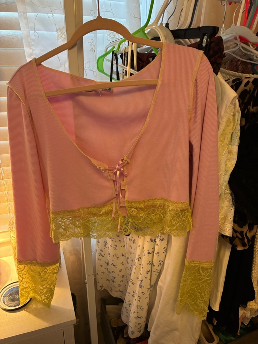 Urban Outfitters Pink Ribbed Cropped Top with Lace Detail